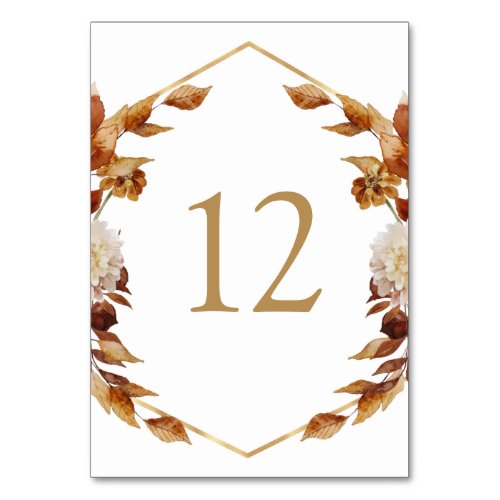 Terracotta Fall Watercolor Leaves Wedding Table Number
