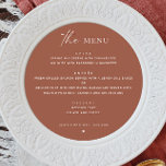 Terracotta Fall Wedding | Elegant Minimalist Round Menu<br><div class="desc">Add a warm, earthy vibe to your celebration with this elegant terracotta round menu card, designed for the modern boho couple. Featuring a clean minimalist layout and rich fall tone, this clay color circular menu blends rustic charm with contemporary style. Perfect for autumn weddings, sunset ceremonies, or desert inspired events....</div>