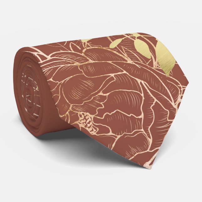 Terracotta & Faux Gold Peony Modern Floral Wedding Neck Tie (Rolled)