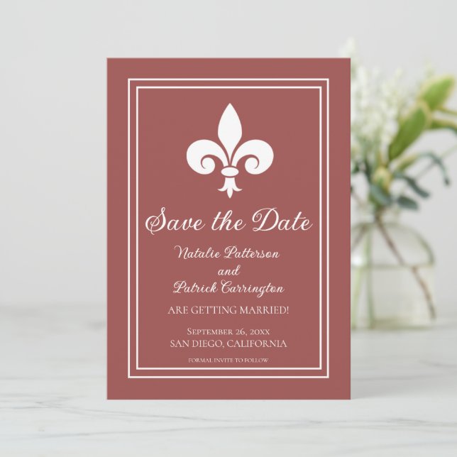 Terracotta Fleur de Lis Save the Date Invite (Standing Front)