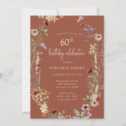 Terracotta Floral 60th Birthday Party Invitation