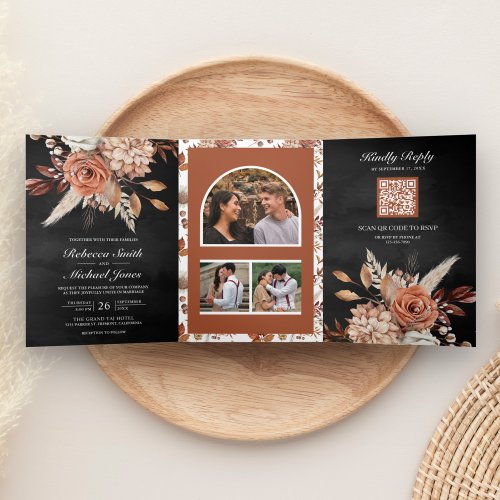 Terracotta Floral All in One QR Code Black Wedding Tri_Fold Invitation