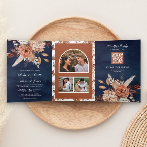 Terracotta Floral All in One QR Code Navy Wedding Tri_Fold Invitation