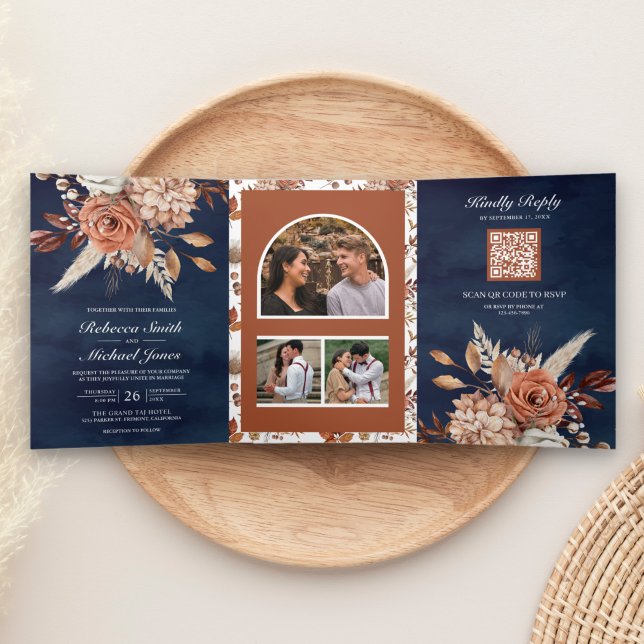 Terracotta Floral All in One QR Code Navy Wedding Tri-Fold Invitation (Creator Uploaded)