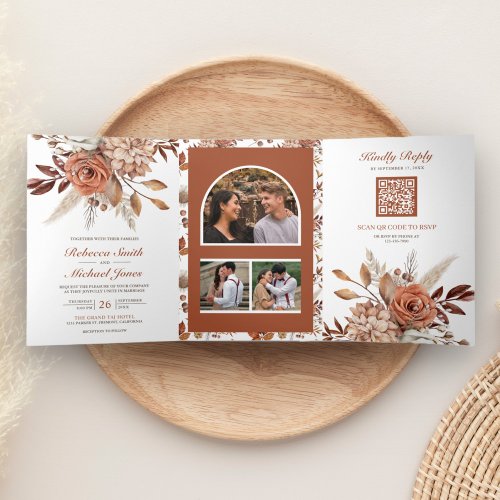 Terracotta Floral All in One QR Code Wedding Tri_Fold Invitation