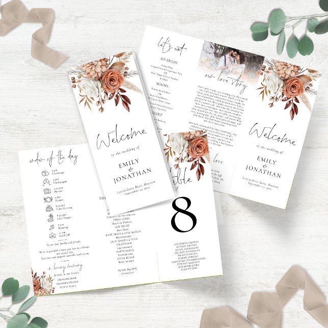 Terracotta Floral All-in-One Wedding Program Brochure (View of front and back unfolded and view of cover when folded)