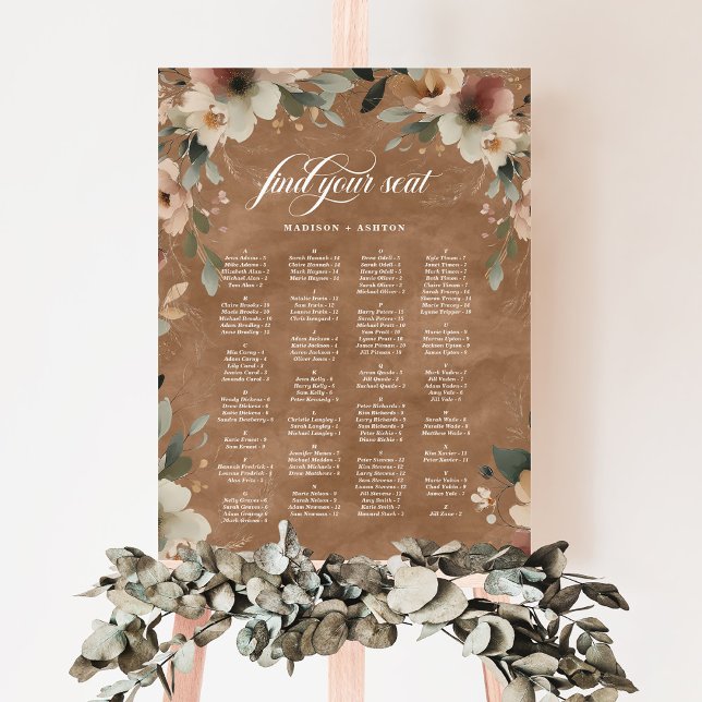 Terracotta Floral Alphabetical Seating Chart Sign (Guide your guests seamlessly to their seats with our Ethereal Elegance Alphabetical Seating Chart.)