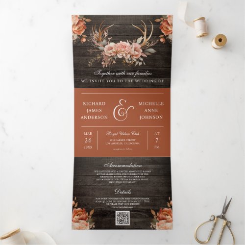 Terracotta Floral Antlers Wood QR Code Wedding Tri_Fold Invitation