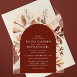 Terracotta Floral Arch Pampas Grass Wedding Acrylic Invitations<br><div class="desc">Elevate your wedding invitations with these terracotta floral arched acrylic invitations, featuring pampas grass and earthy tones that perfectly embody a rustic, bohemian aesthetic. The rich terracotta background is elegantly contrasted by delicate floral and botanical details, creating a warm, inviting look. The arched design adds a modern twist, making these...</div>