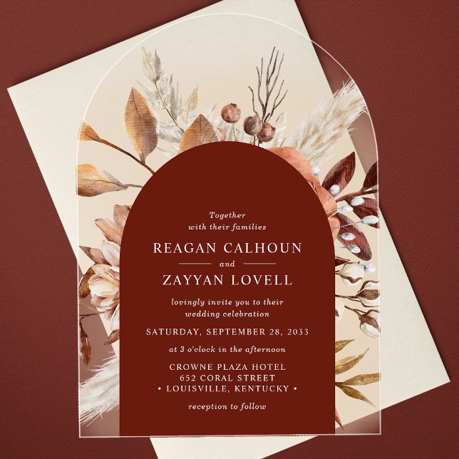 Terracotta Floral Arch Pampas Grass Wedding Acrylic Invitations (Creator Uploaded)