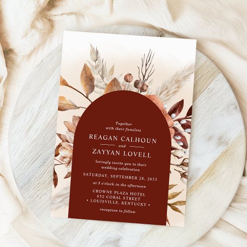 Terracotta Floral Arch Pampas Grass Wedding Invitation