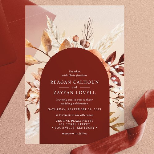 Terracotta Floral Arch Pampas Grass Wedding Vellum Invitations