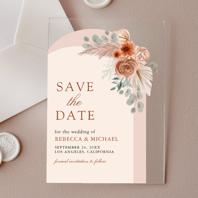Terracotta Floral Arch Wedding Save the Date Acrylic Invitations (Creator Uploaded)