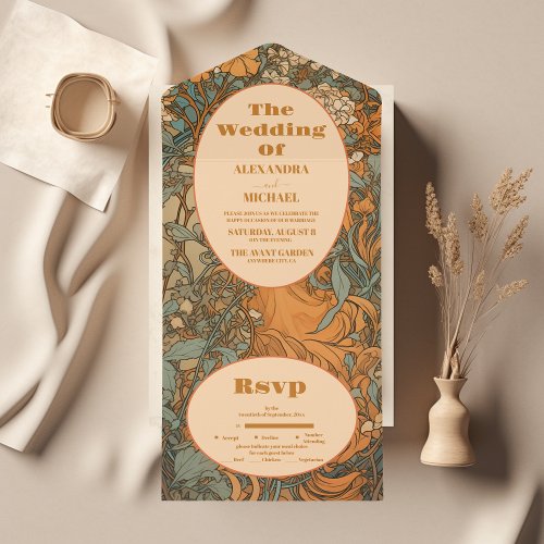 Terracotta Floral Art Nouveau Wedding All In One Invitation