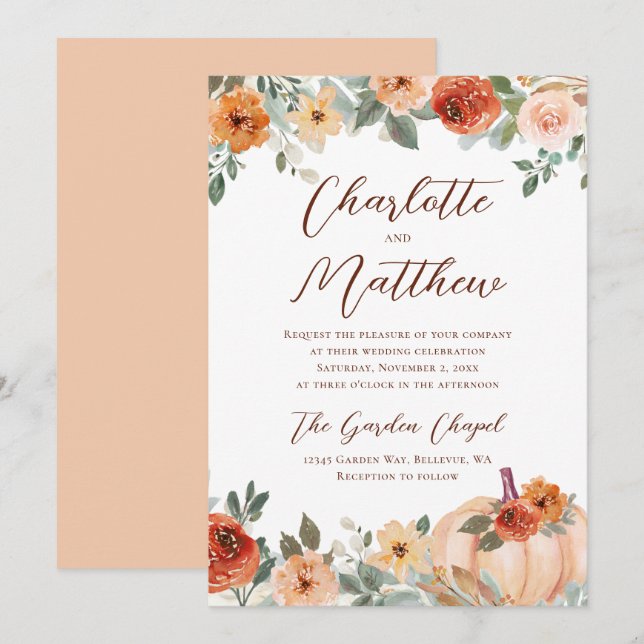 Terracotta Floral Autumn Pumpkin Wedding Invitation (Front/Back)
