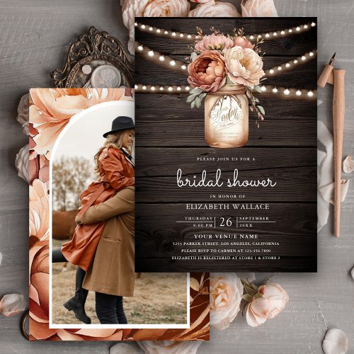 Terracotta Floral Barn Wood Photo Bridal Shower Invitation