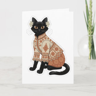 Terracotta Floral Black Cat Greeting Card