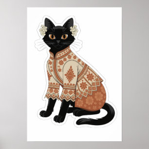 Terracotta Floral Black Cat Wall Art Poster