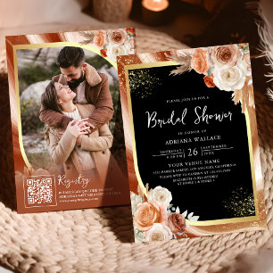 Terracotta Floral Black Gold QR Code Bridal Shower Invitation