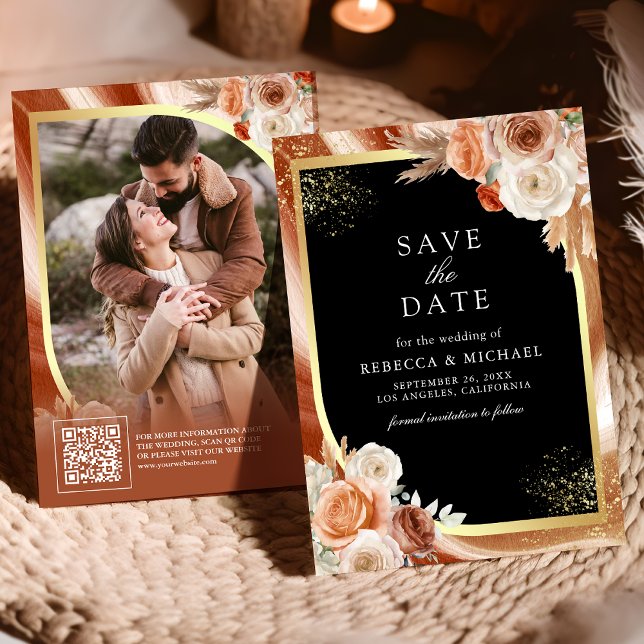 Terracotta Floral Black Gold QR Code Photo Wedding Save The Date (Creator Uploaded)