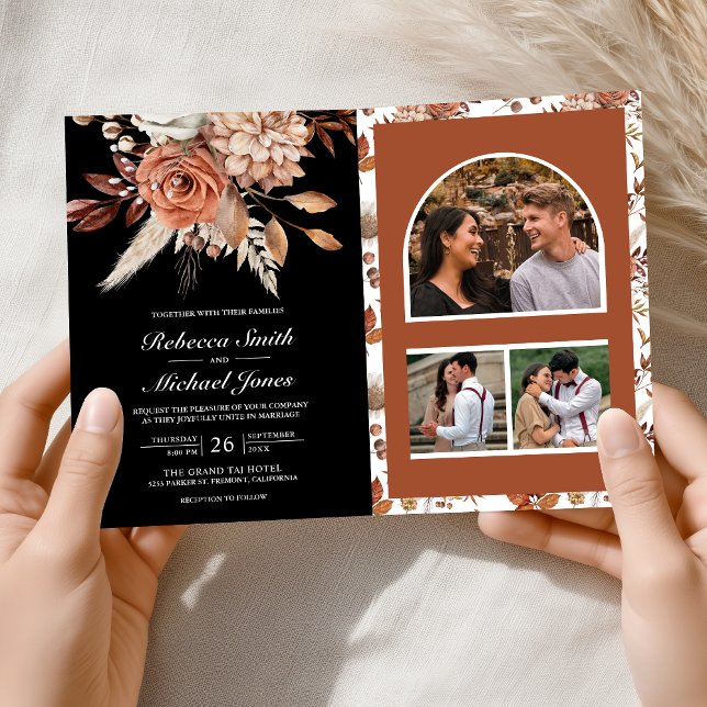 Terracotta Floral Black QR Code Wedding Invitation (Creator Uploaded)