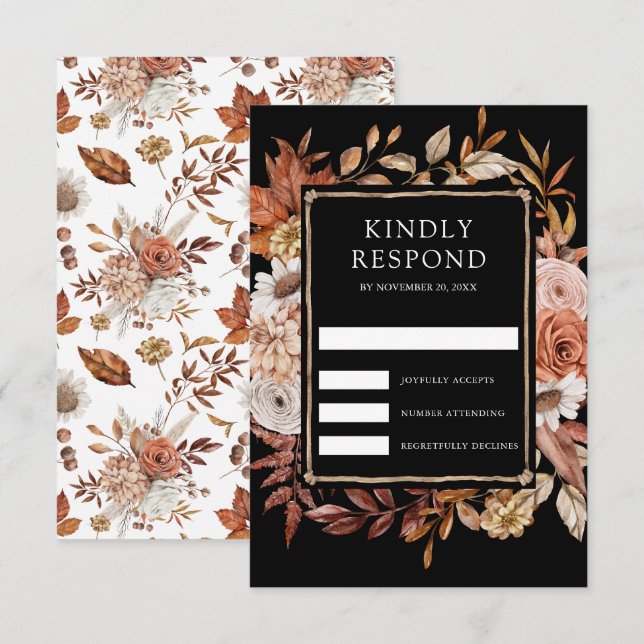 Terracotta Floral Black Wedding RSVP Card (Front/Back)