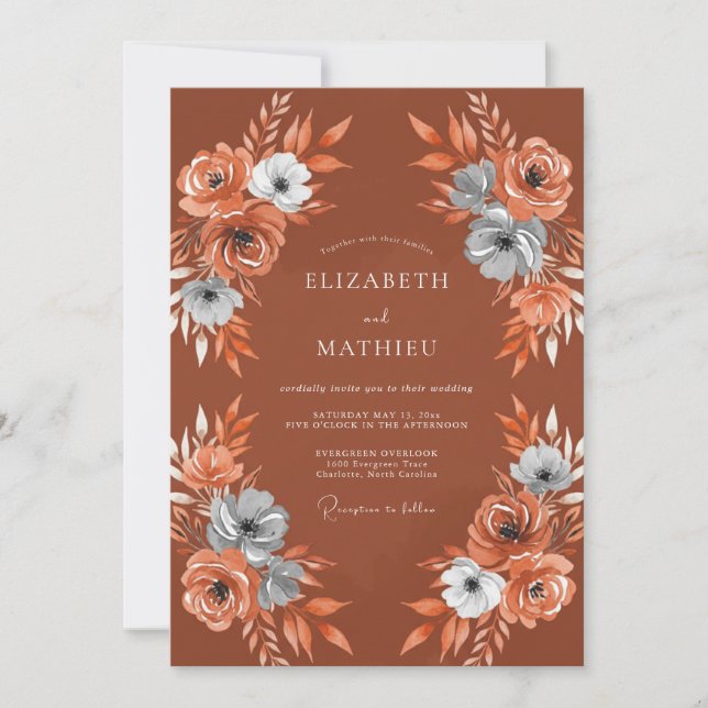 Terracotta Floral Bloom Arrangement Wedding Invitation (Front)