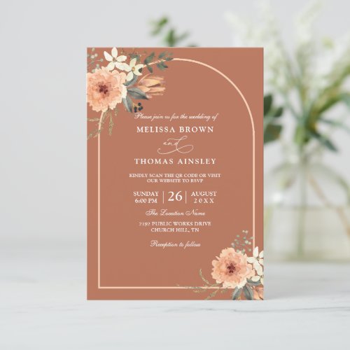 Terracotta Floral Boho Arch Budget Qr Code Wedding Invitation
