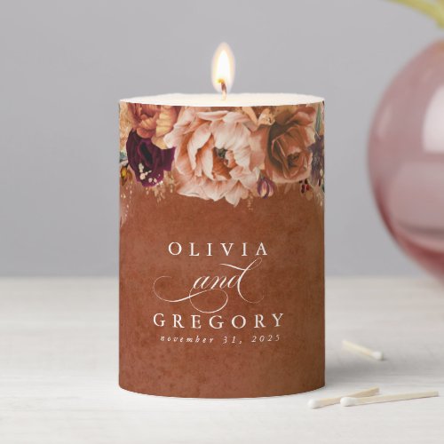 Terracotta Floral Boho Modern Fall Wedding Pillar Candle