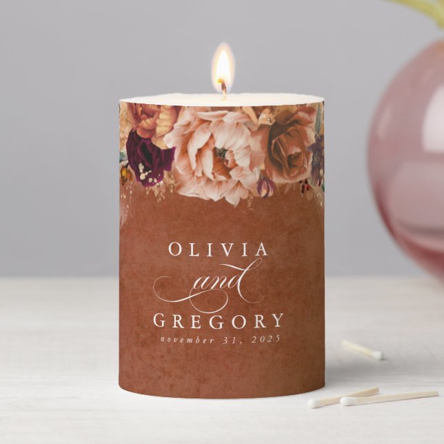 Terracotta Floral Boho Modern Fall Wedding Pillar Candle (In Situ)