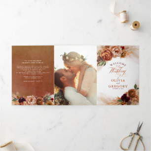 Terracotta Floral Boho Modern Fall Wedding Tri-Fold Program