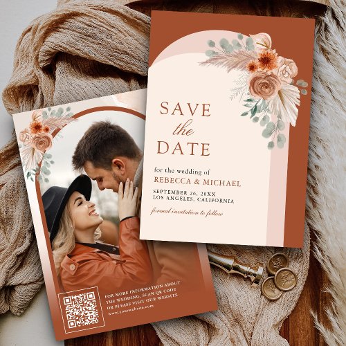 Terracotta Floral Boho Pampas Arch Photo QR Code Save The Date