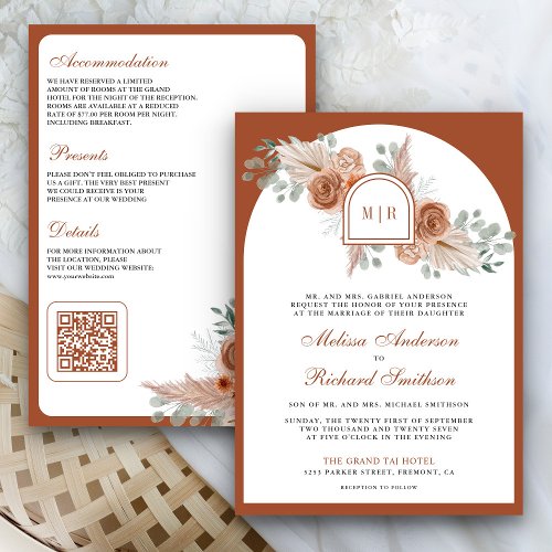 Terracotta Floral Boho Pampas Burnt Orange Wedding Invitation