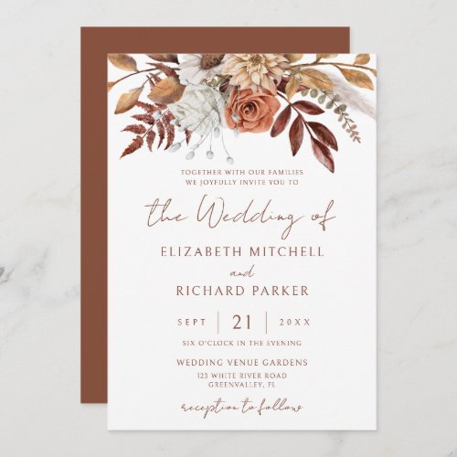 Terracotta Floral Boho Pampas Grass Autumn Wedding Invitation