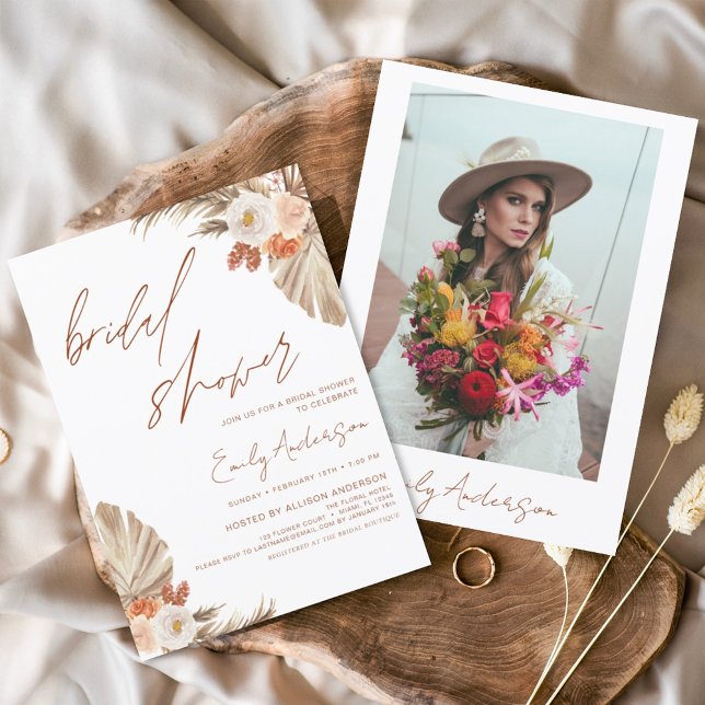 Terracotta Floral Boho Pampas Grass Bridal Shower Invitation (Creator Uploaded)