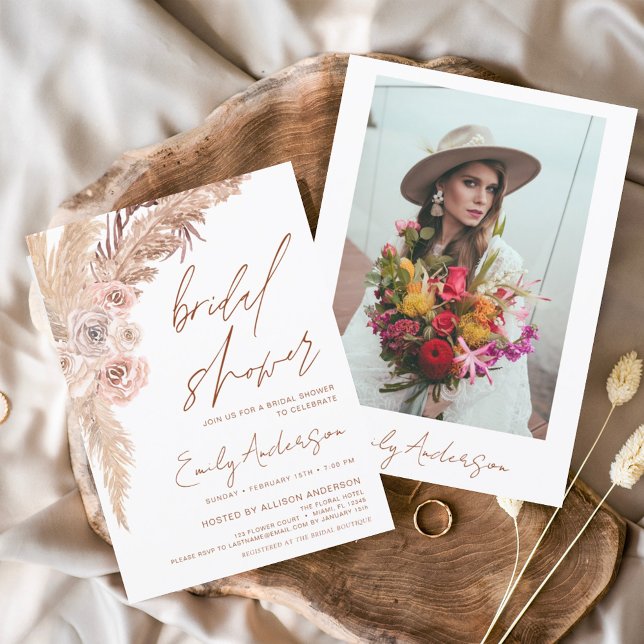Terracotta Floral Boho Pampas Grass Bridal Shower Invitation (Creator Uploaded)