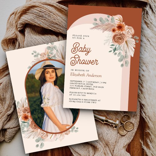 Terracotta Floral Boho Pampas Photo Baby Shower Invitation