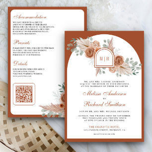Terracotta Floral Boho Pampas QR Code Wedding Invitation