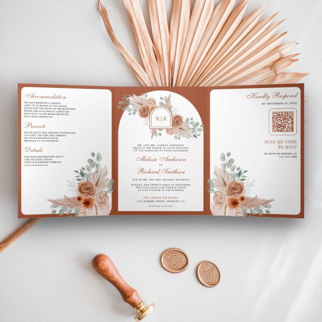 Terracotta Floral Boho Pampas QR Code Wedding Tri-Fold Invitation (Creator Uploaded)