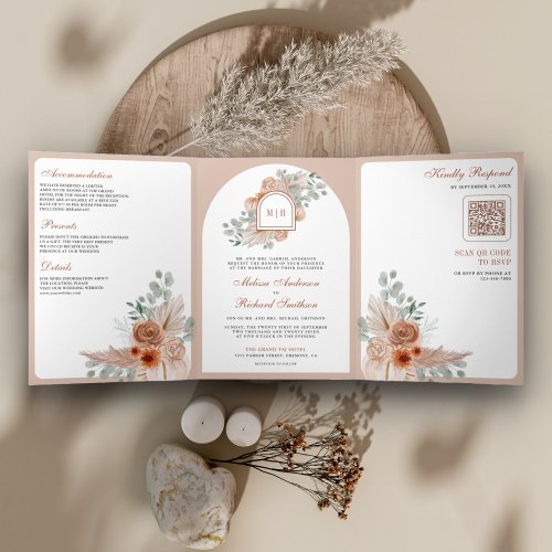 Terracotta Floral Boho Pampas QR Code Wedding Tri_Fold Invitation