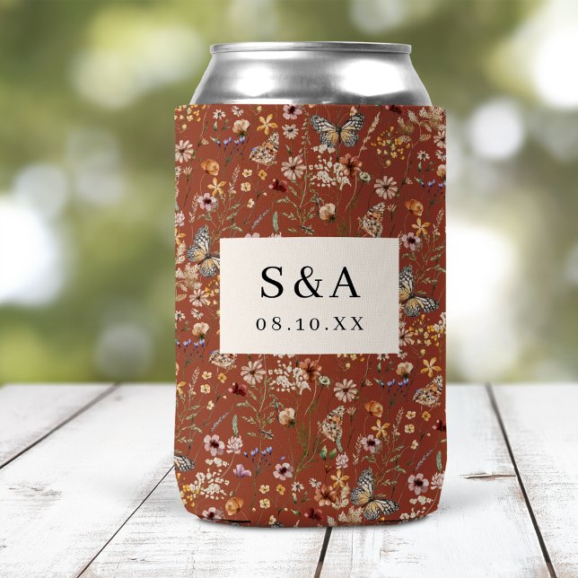 Terracotta Floral Boho Wedding Can Cooler (Terracotta Floral Boho Wedding Can Cooler Monogrammed by Painted Paperie
)