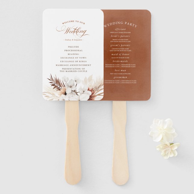 Terracotta Floral Boho Wedding Program Hand Fan (Front and Back)