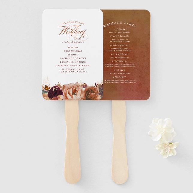 Terracotta Floral Boho Wedding Program Hand Fan (Front and Back)
