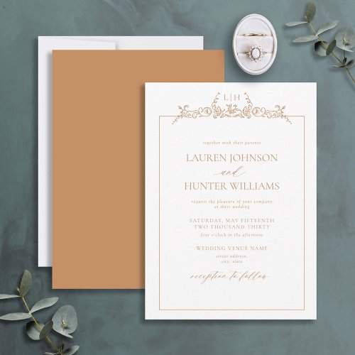 Terracotta Floral Border Monogram Wedding Invitation