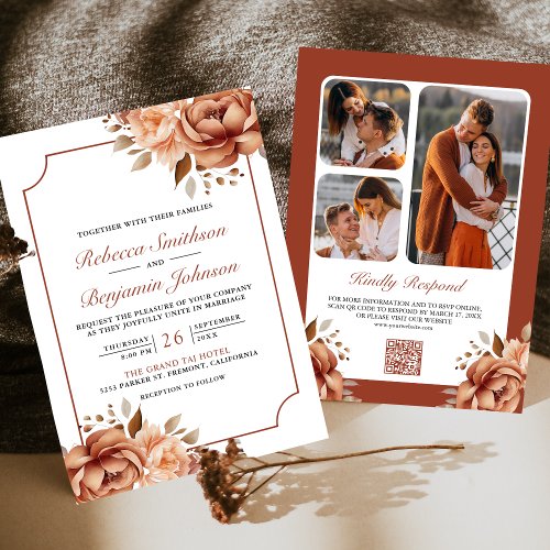 Terracotta Floral Border Photo QR Code Wedding Invitation