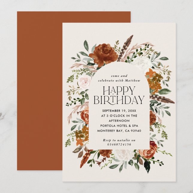Terracotta floral botanical birthday modern rustic invitation (Front/Back)