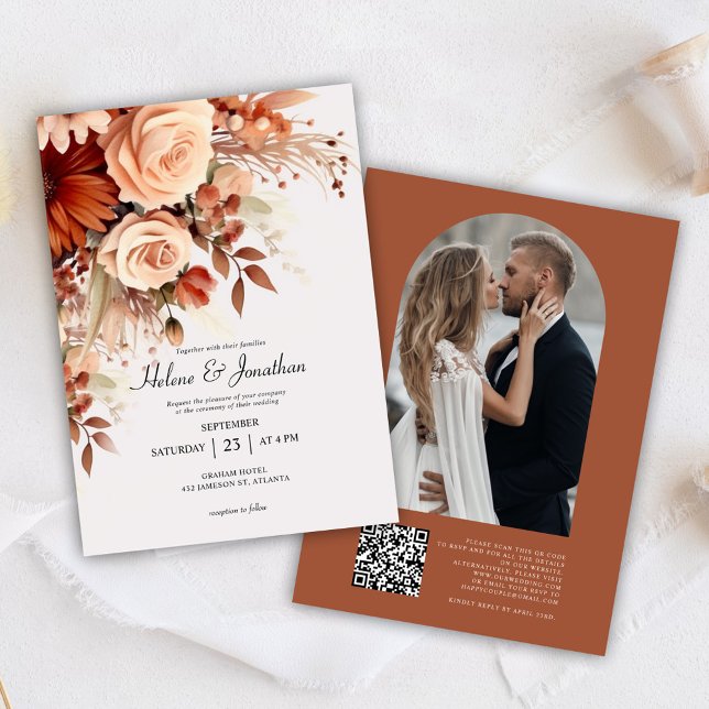 Terracotta Floral Botanical Photo QR Code Wedding Invitation (Creator Uploaded)