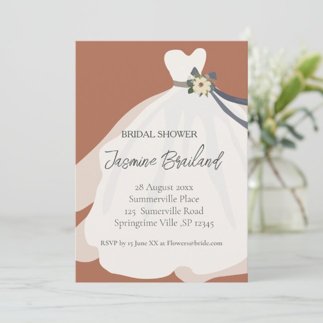 Terracotta  Floral Bride Gown Bridal Shower   Invitation (Standing Front)