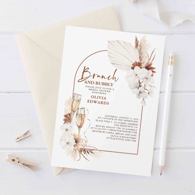 Terracotta Floral Brunch and Bubbly Bridal Shower Invitation (White orchids and pampas grass bridal shower invites set a sophisticated tone)