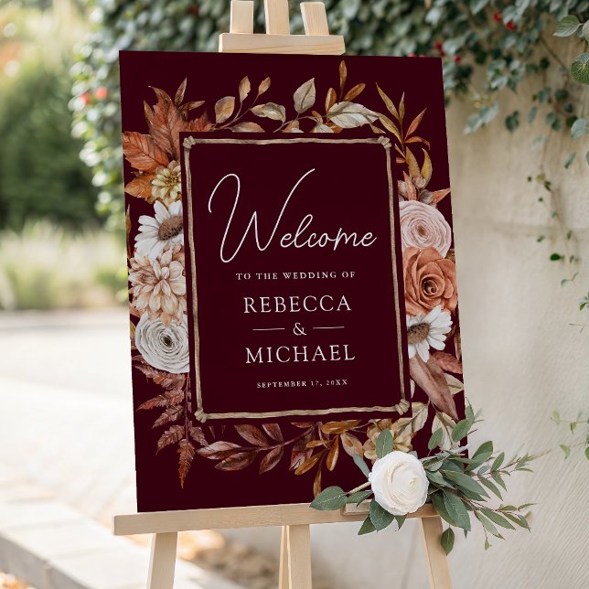 Terracotta Floral Burgundy Wedding Welcome Sign (Creator Uploaded)